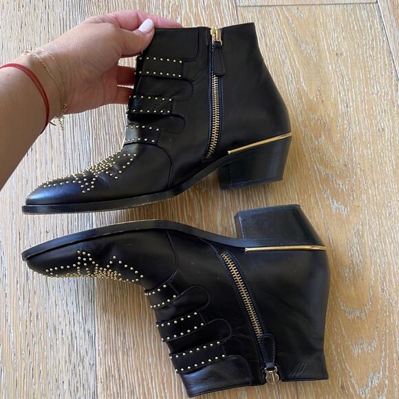 CHLOE Susanna Studded Leather Ankle Boots Black Gold 37.5 - Picture 7 of 10